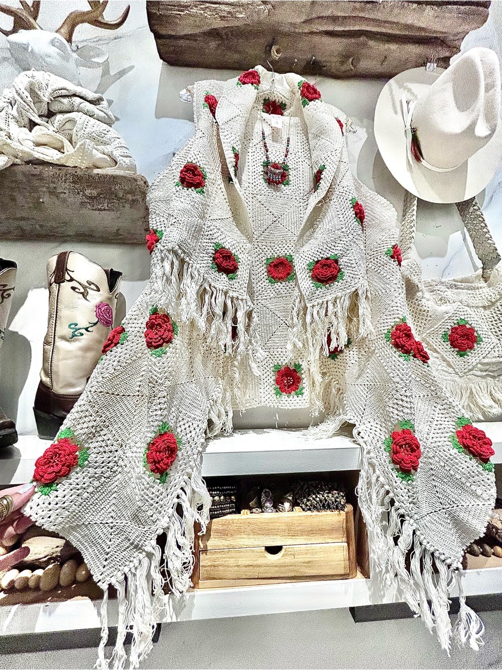 Artisan Rose 🌹Granny square Crochet Fringe boho Vest farmhouse prairie cabin vib
